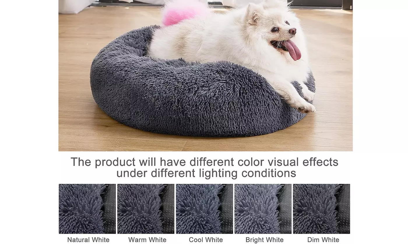 Calming Donut Dog Cuddler Bed Fluffy Faux Fur Plush Dog Cat Cushion Bed