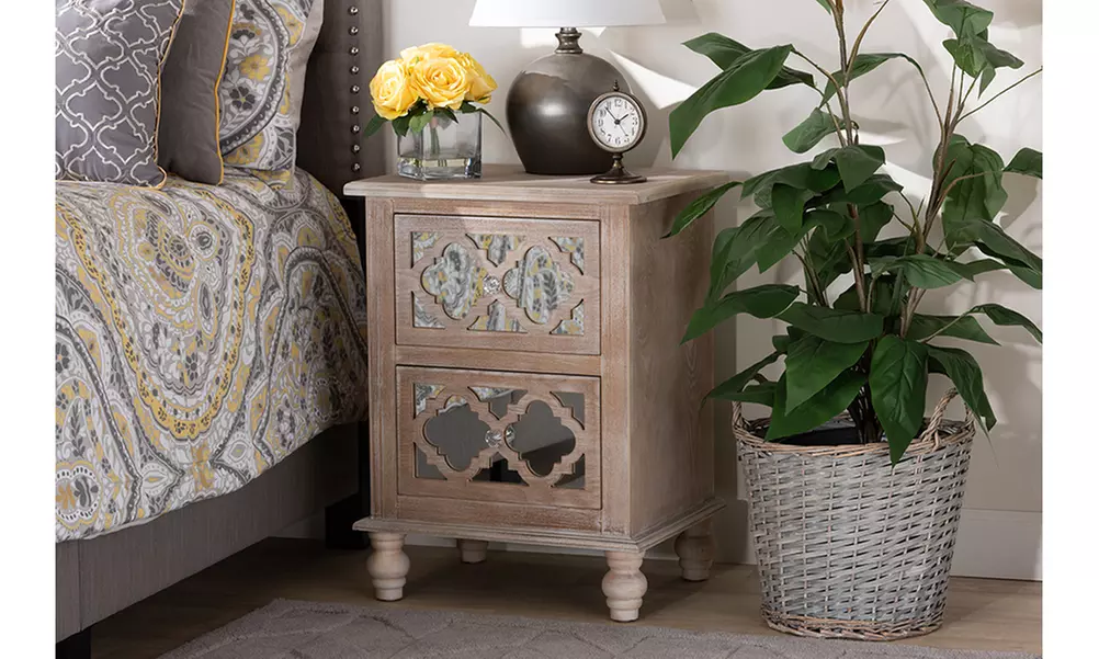 Celia White-Washed Wood and Mirror 2-Drawer Quatrefoil Nightstand - Primary Image