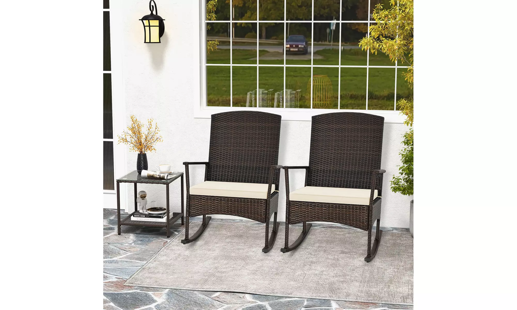 Costway 3 Piece Wicker Patio Set With Rocking Chairs & 2-Tier Coffee Table