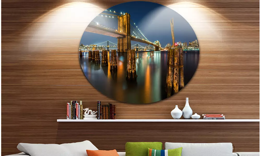 Lit up Brooklyn Bridge by Night' Cityscape Photo Circle Metal Wall Art - Primary Image