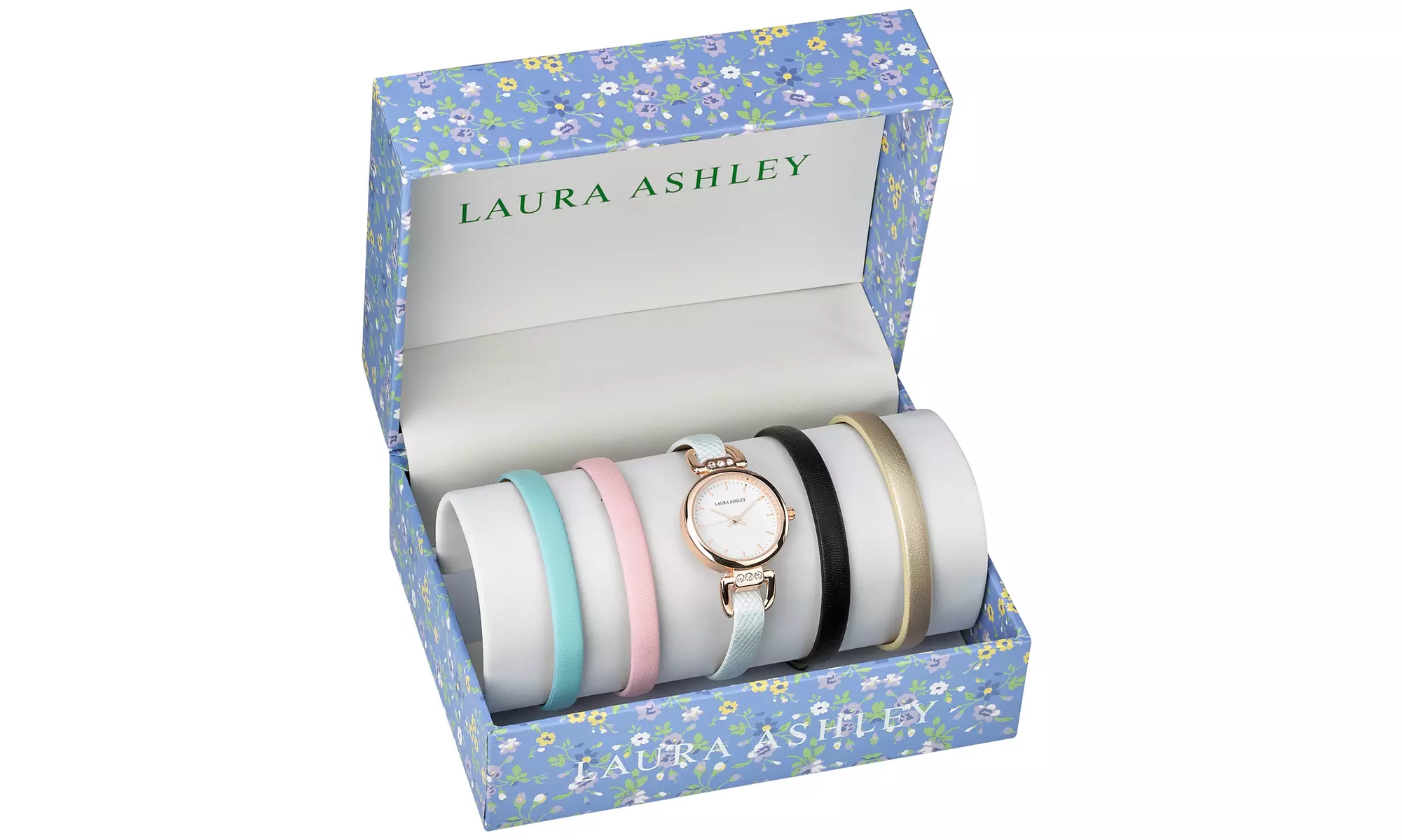 Laura Ashley Womens Rose Gold Case Skinny Strap Watch Set Interchangeable Straps - Primary Image