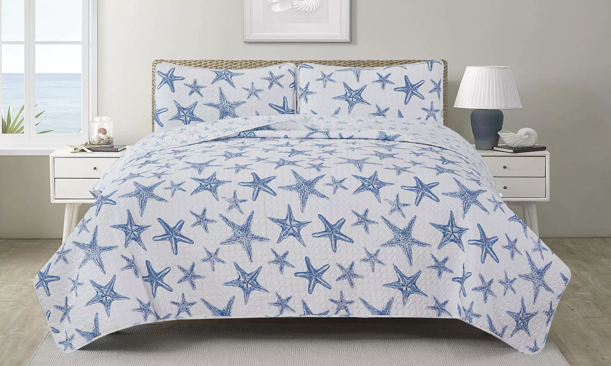 Starfish Coastal Reversible Quilt Set Bedspread (2- or 3-Piece)