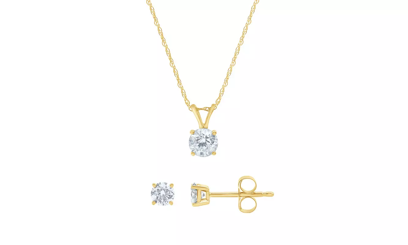 1.00 CT Round Diamond Solitaire Pendant & Earring Set in 14KT Yellow Gold  - Second Medium