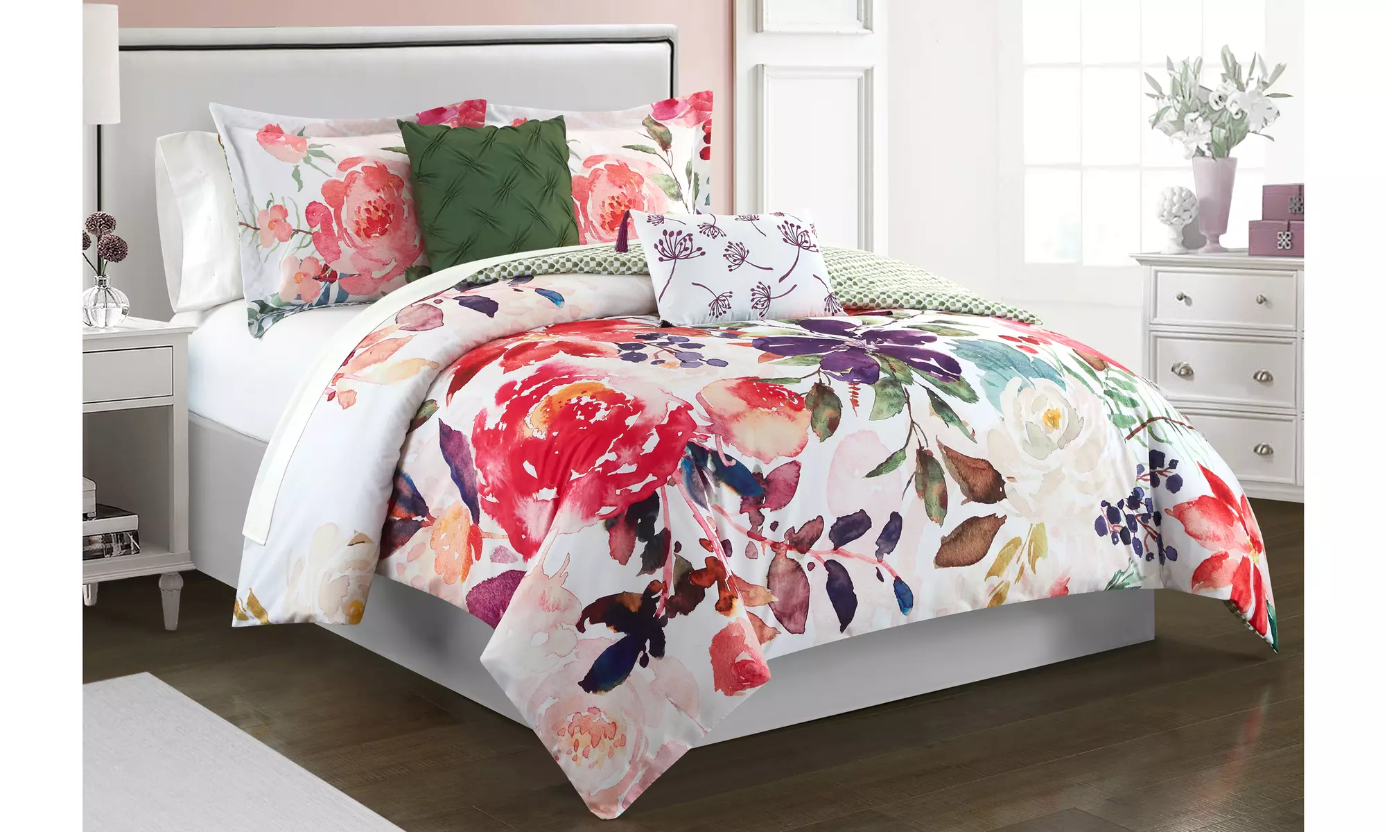 Phelia 5 Piece Reversible Comforter Set Floral Watercolor Design Bedding - Primary Image