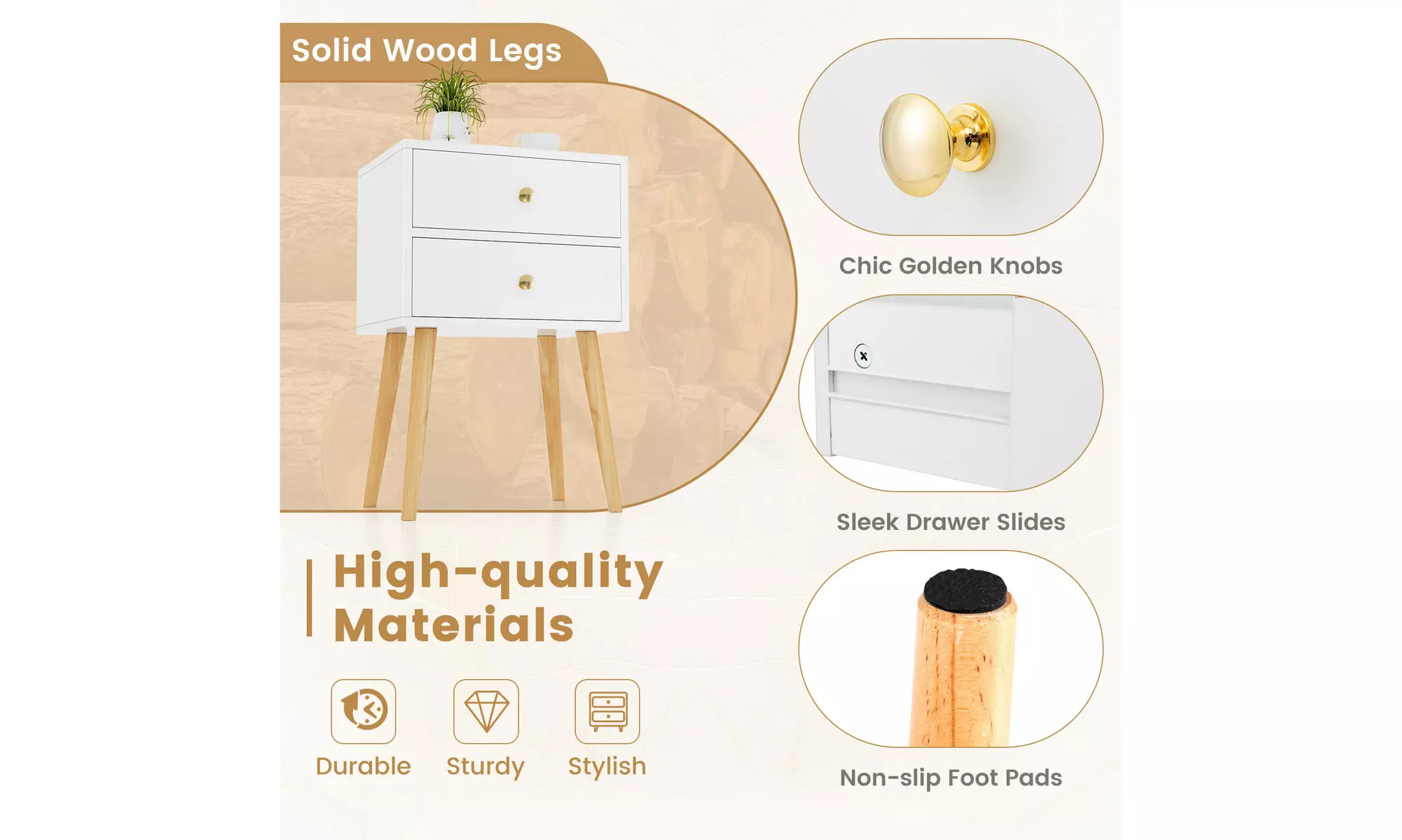 Mid Century Modern 2 Drawers Nightstand In White Sofa Side Table End Table
