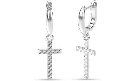 925 Sterling Silver Diamond Cut Small Cross Dangle Drop Earrings Silver Sterling Silver