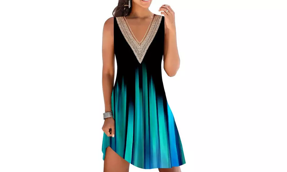 Women Lace Trim V Neck Sleeveless Dress with Pockets S-2X