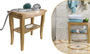 Bamboo Shower Bench Stool with Shelf, 2-Tier Wood Storage & Seating for Bathroom