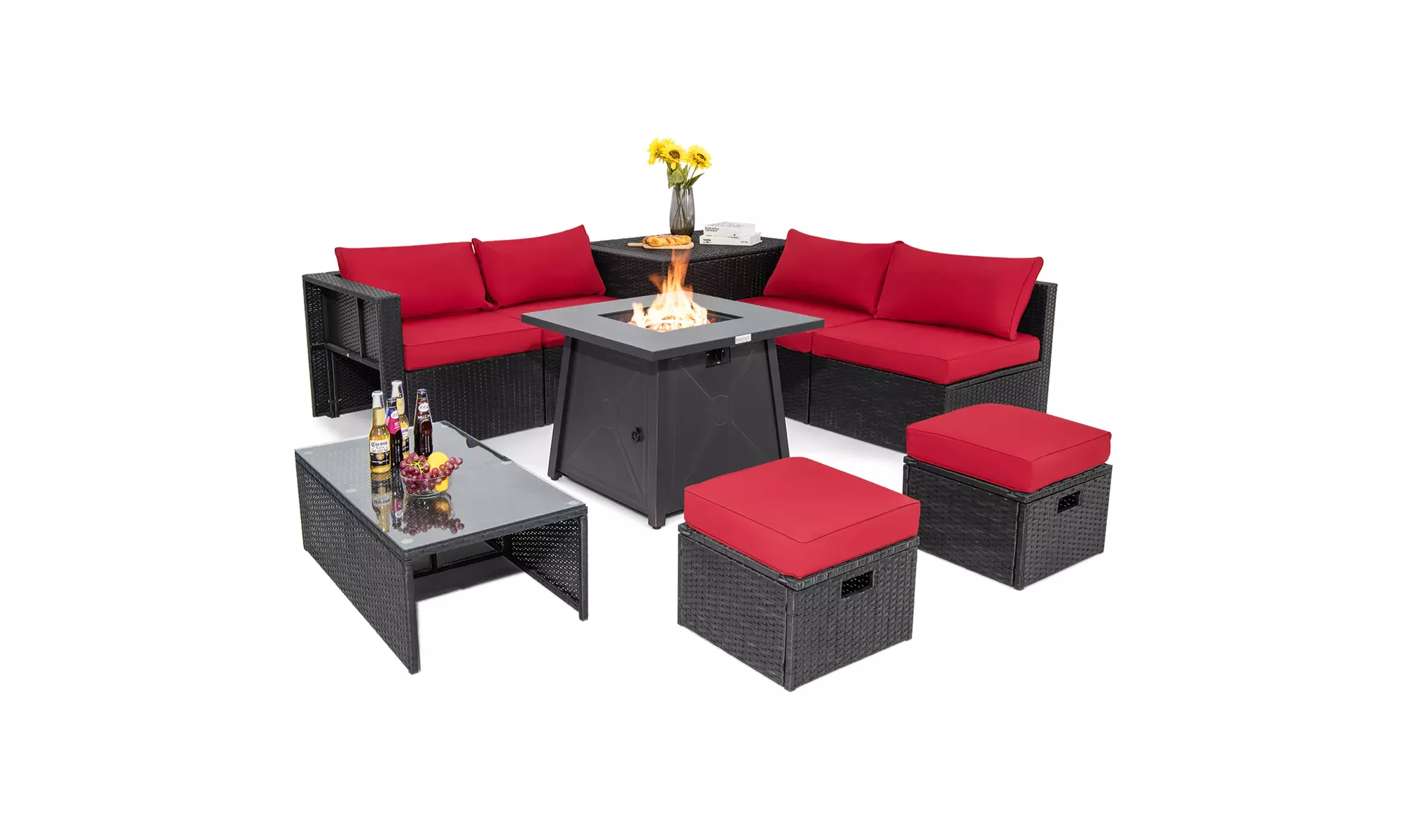 Costway 9PCS Patio Rattan Furniture Set Fire Pit Space-saving W/Cover  Cushion