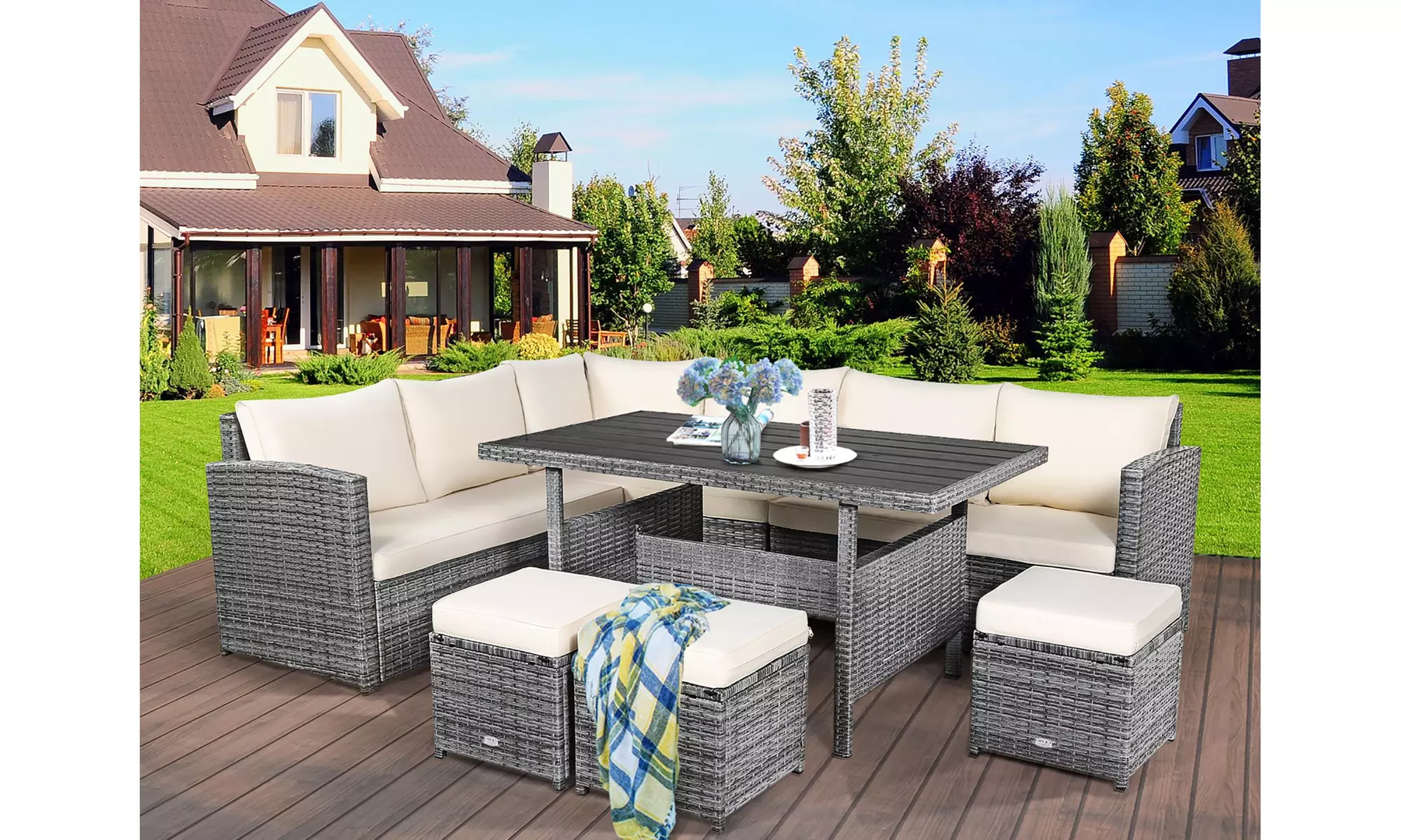 Costway 7 PCS Patio Rattan Dining Set Sectional Sofa Couch Ottoman Garden - Primary Image