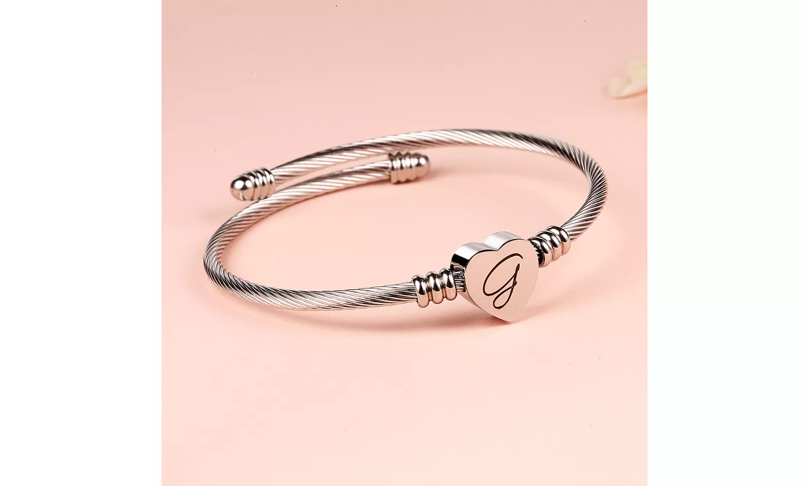 Twisted Steel Heart Cable Initial Bracelet