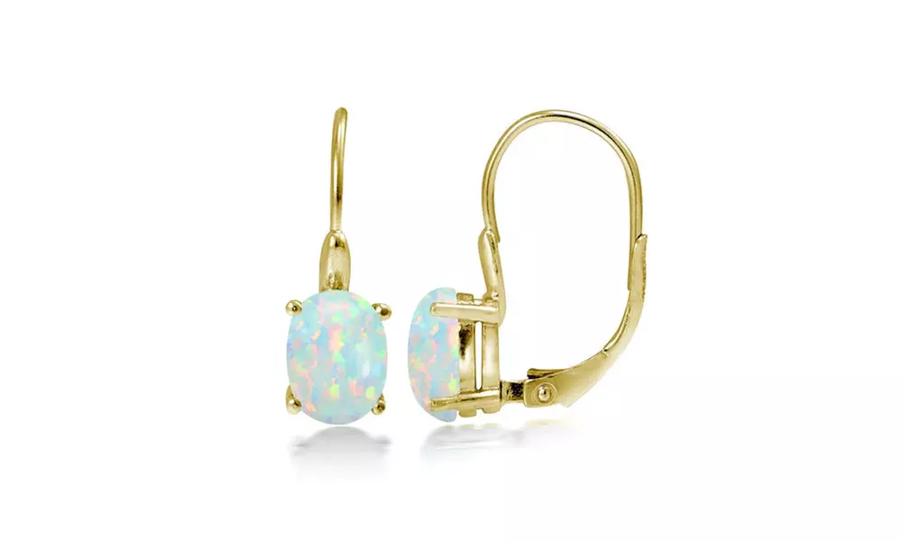 Yellow Gold Flash Sterling Silver Synthetic Opal 8x6mm Oval Leverback Earrings 