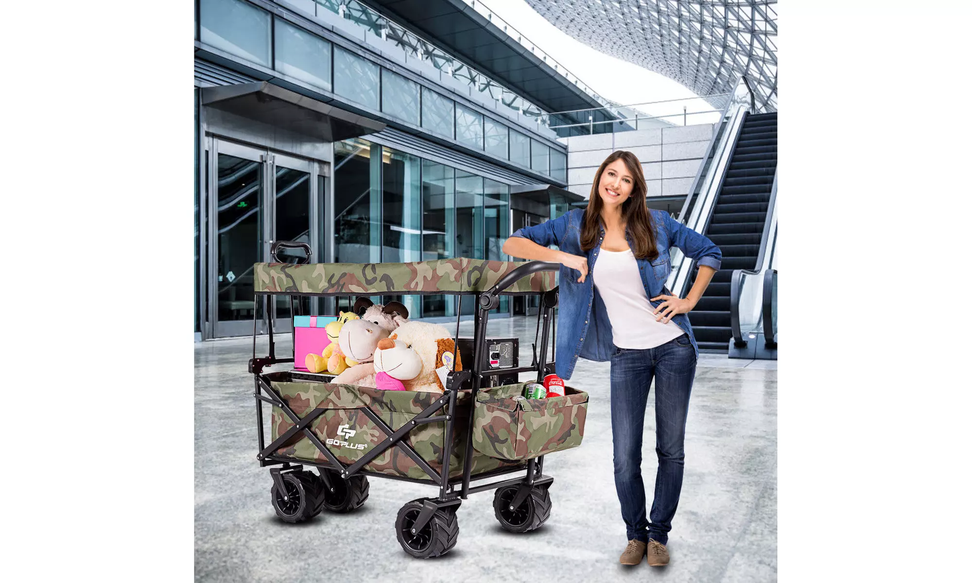 Collapsible Folding Wagon Cart W/ Canopy Outdoor Utility Garden Trolley Buggy  - Primary Image