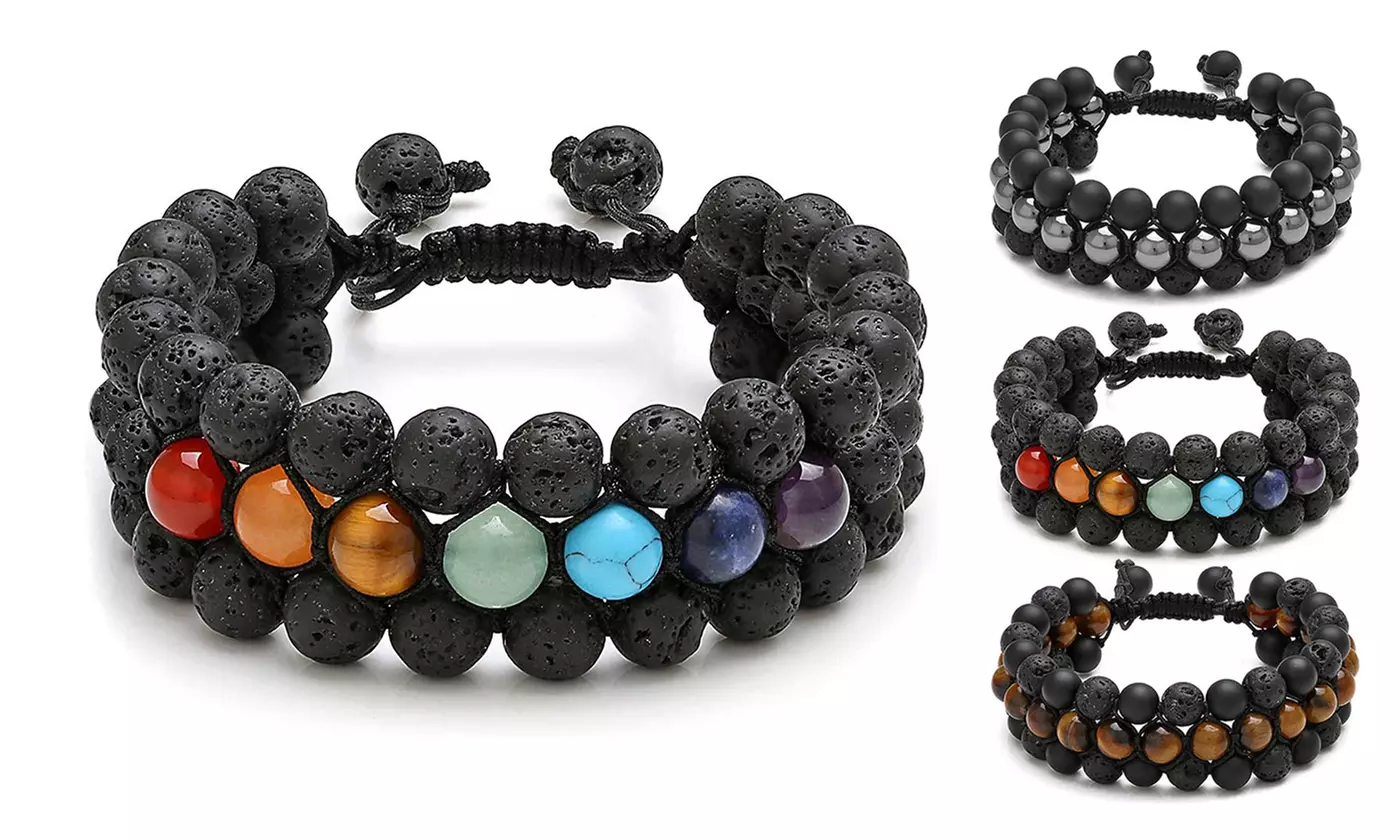 3 Layered Bracelet Stone Lava Healing Chakra Retro Beaded Bangle Jewelry - Primary Image