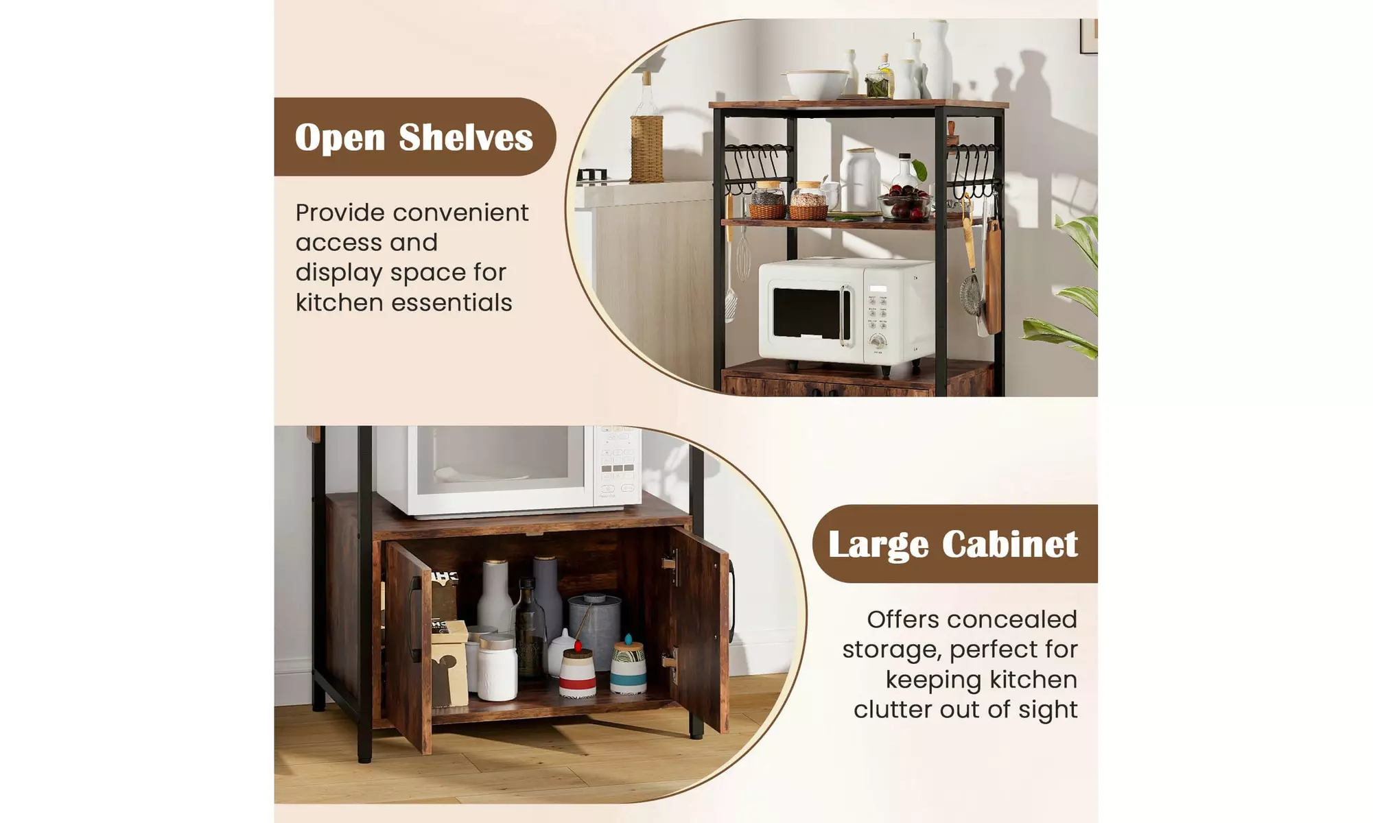 Costway 3-Tier Baker's Rack with a Cabinet, 2 Open Shelves and 10 S-Shaped Hooks