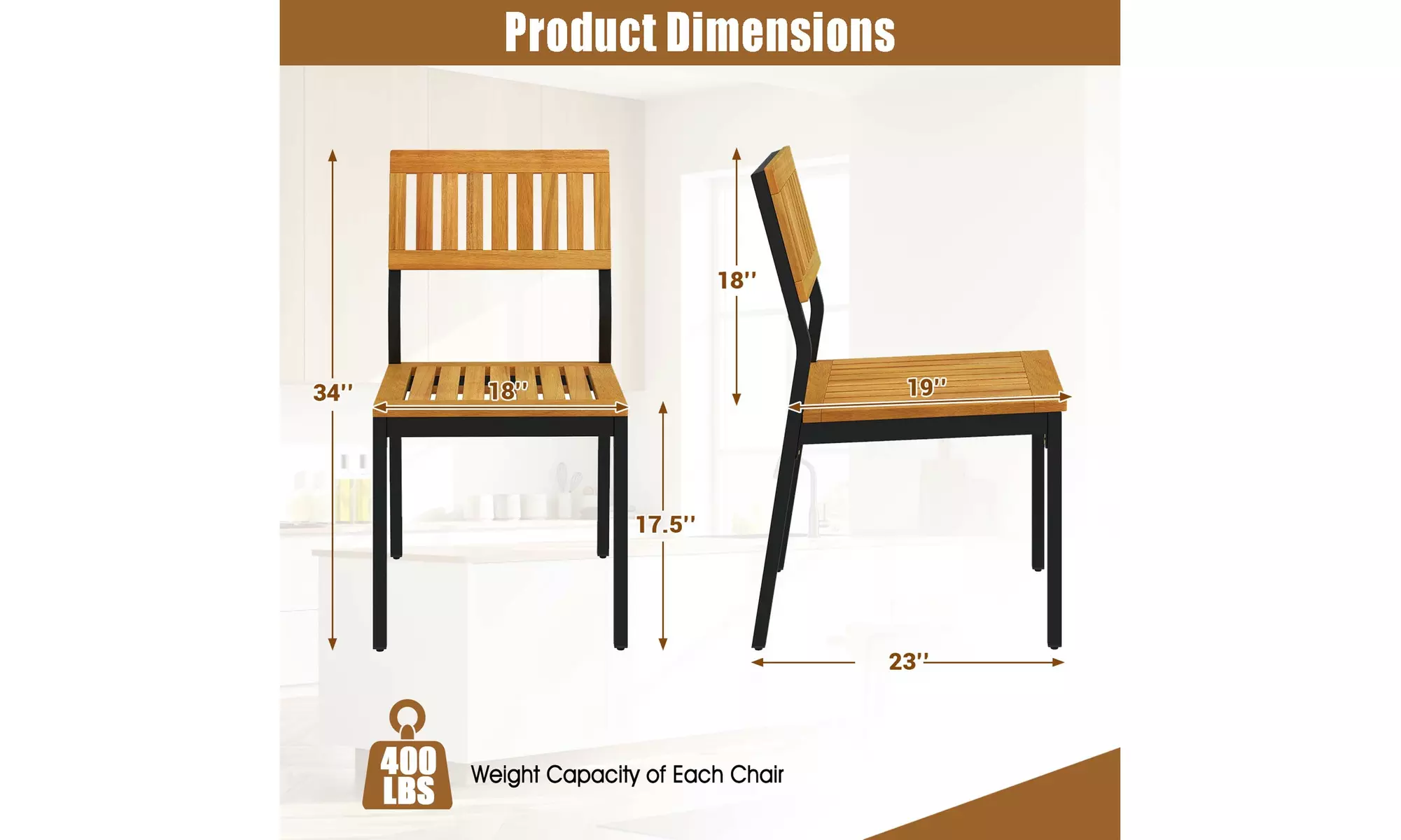 Costway Dining Chair Set of Two Modern Patio Chairs or Acacia Wood Backrest