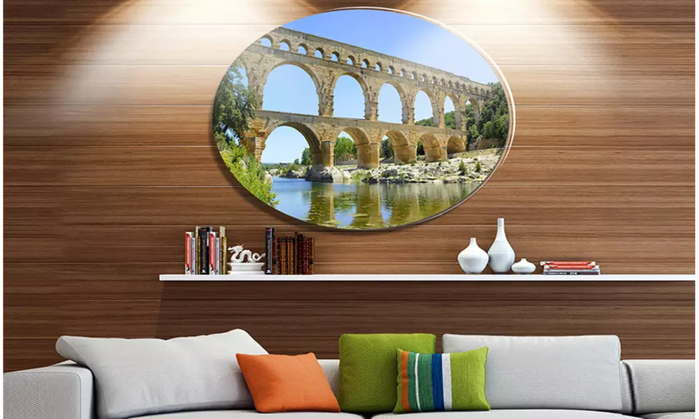 Roman Aqueduct Bridge in France' Bridge Metal Circle Wall Art - Primary Image