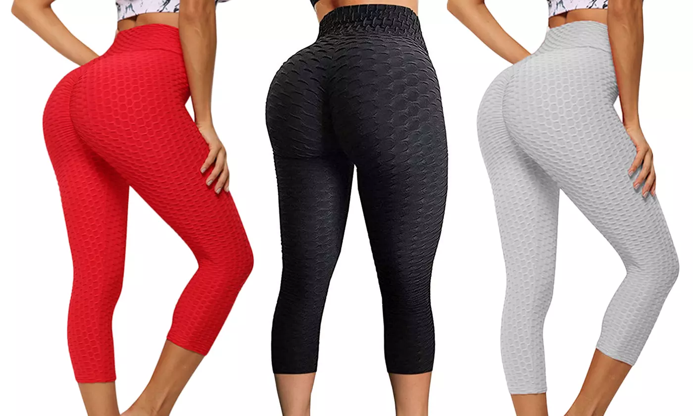 Women Ruched Textured High Waist Yoga Capris Tummy Control Workout Leggings - Primary Image