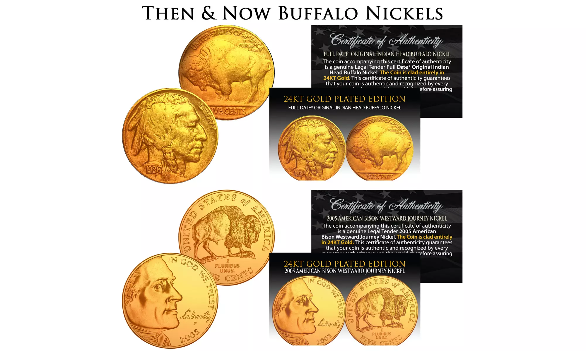 Then & Now Buffalo 24K Gold Plated Set 1930s & 2005 Nickels Buy 1 Get 1 Free - Primary Image