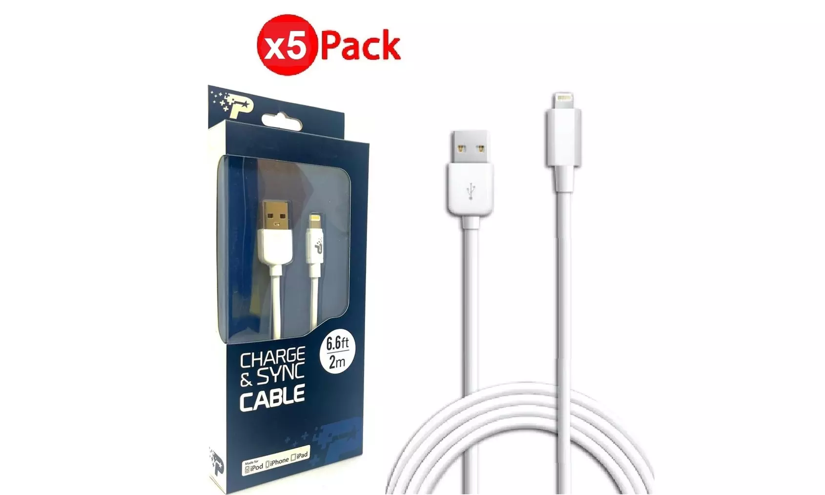 Apple-Certified 6.6 ft Lightning to USB Cable with Wall Charger (1,2, or 5-Pack)