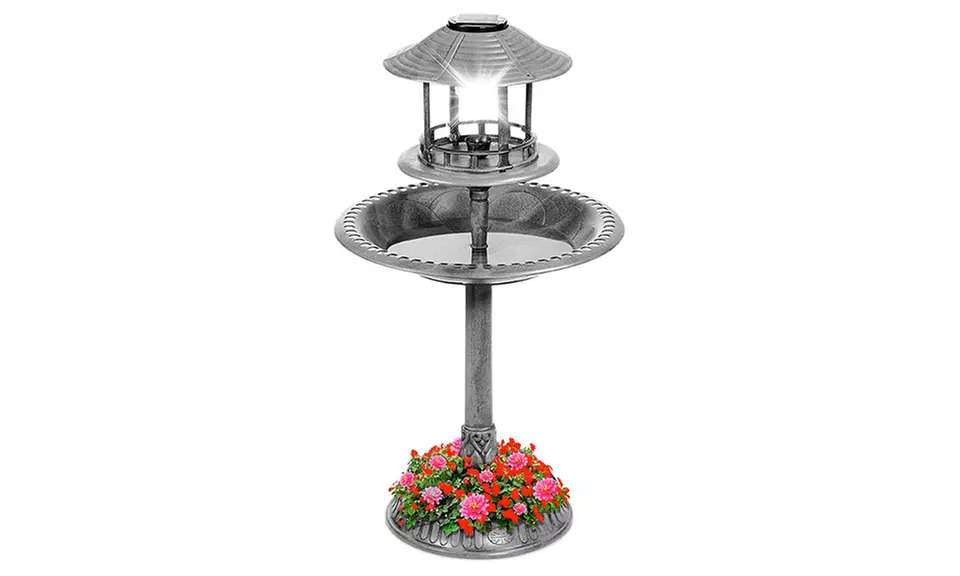 Solar Outdoor Bird Bath Vintage Resin Pedestal Fountain w/Planter Base & Feeder - Second Medium