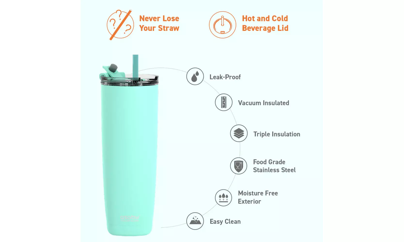 Asobu Aqualina 20oz Insulated Tumbler Water Bottle with Leakproof Lid and Straw