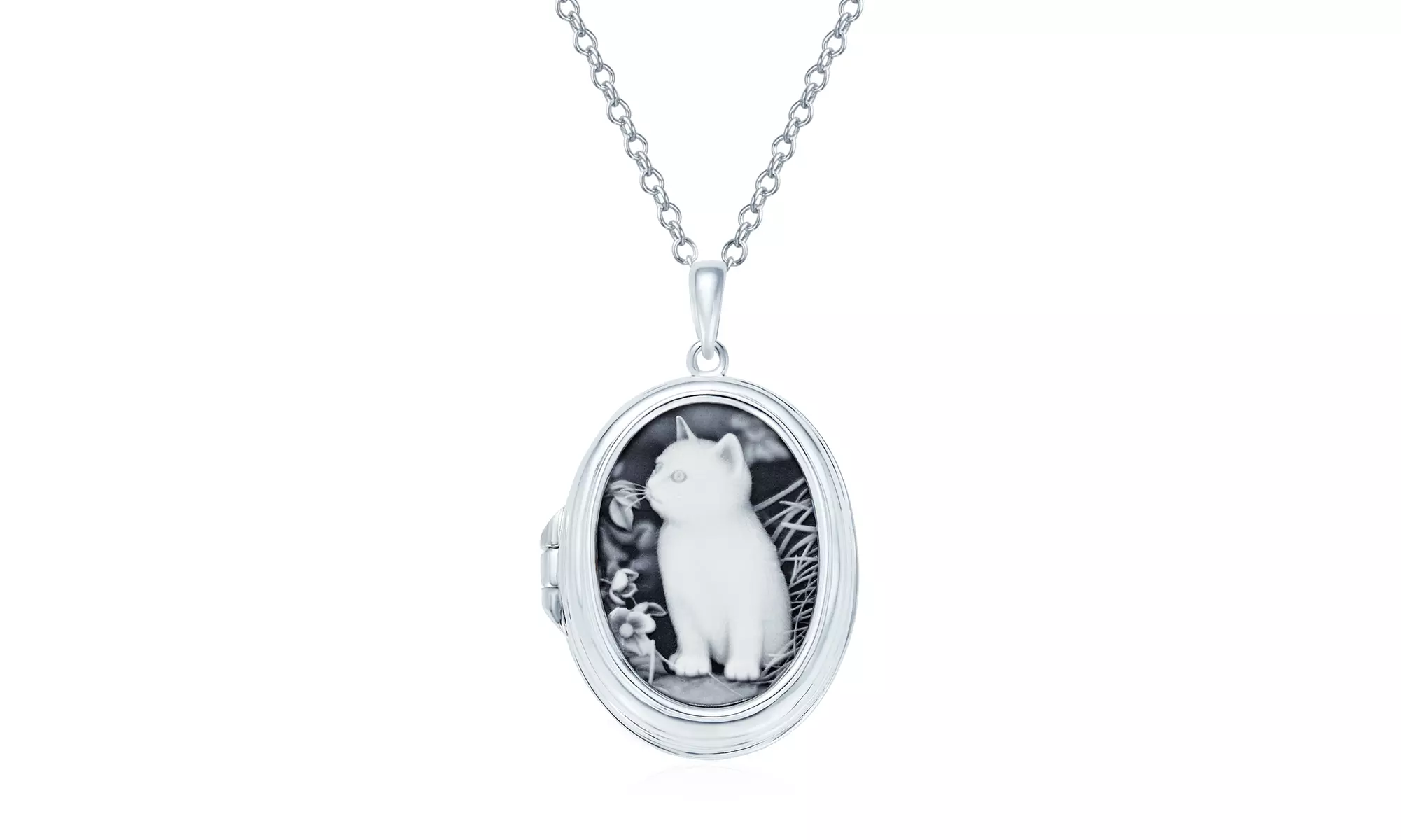 Classic Style Black Kitten Cat Cameo Necklace Sterling Silver - Primary Image