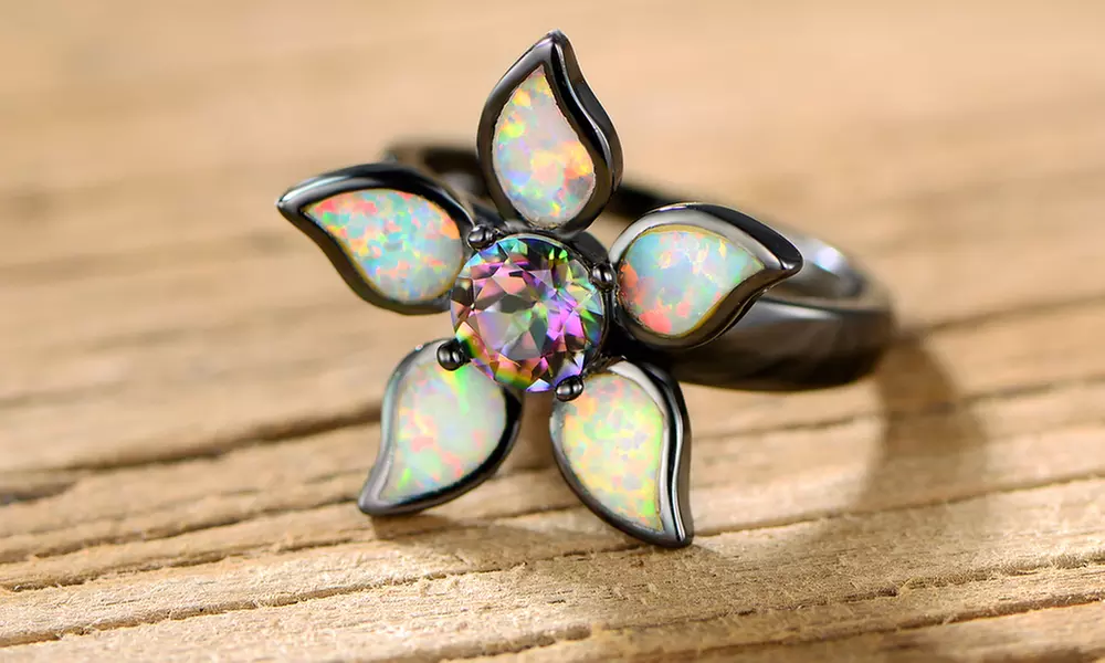 Rainbow Topaz and Fiery White Opal Lily Ring by Peermont - Primary Image