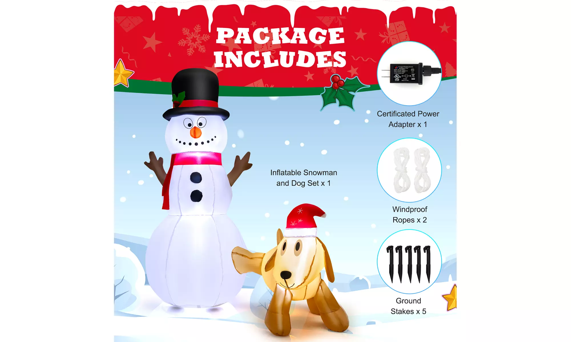 Costway 6 FT Tall Inflatable Snowman and Dog Set Christmas Decoration LED Lights