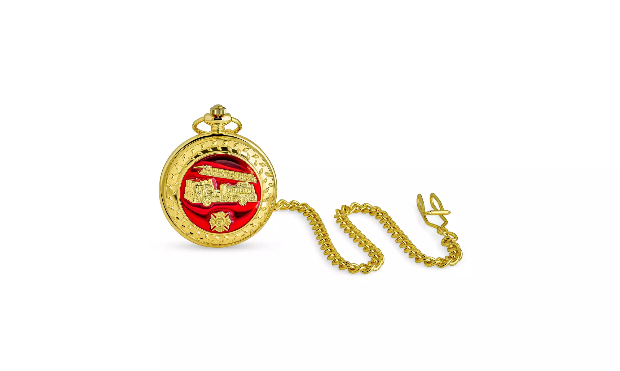 Fireman Firefighter Fire Truck Pocket Watch Two Tone Red Gold Plated - Primary Image