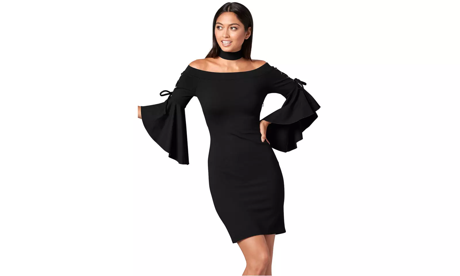 Women's Grommet Lacing Sleeved Black/Navy Choker Dress - Primary Image