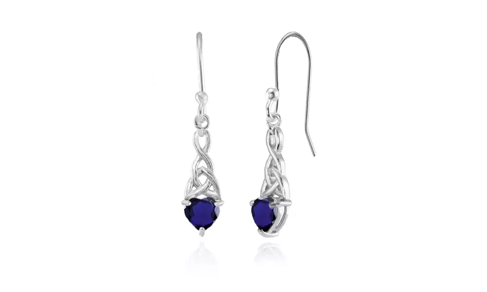 Created Sapphire 6mm Dainty Heart Celtic Knot Dangle Earrings in Sterling Silver - Primary Image