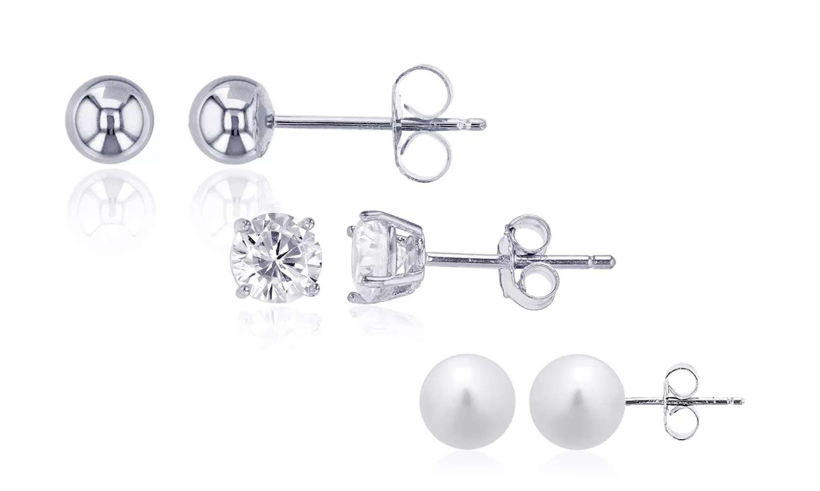 Sterling Silver FWP, Round Solitaire & High Polish Ball Stud Earring Set - Primary Image