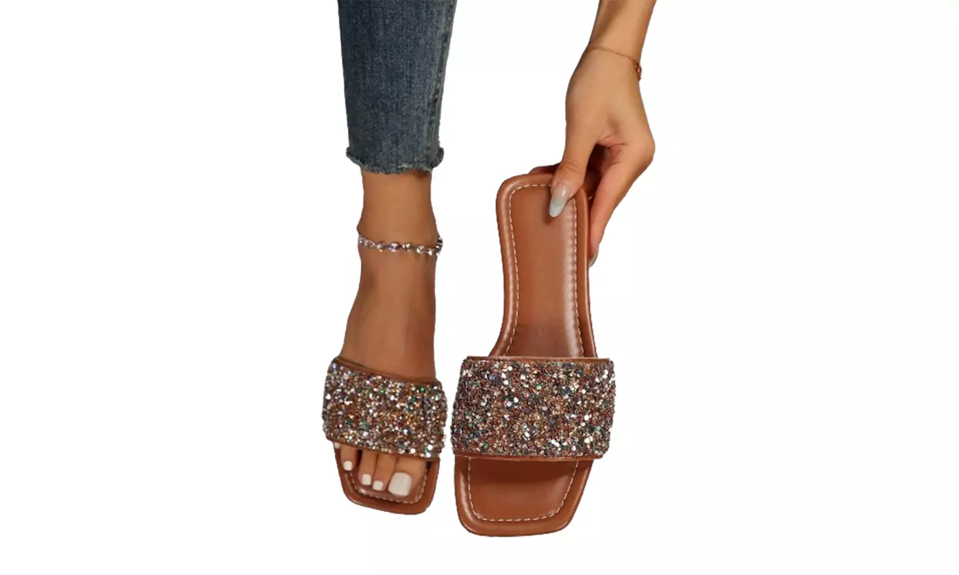 Women's Sparkly Flat Open Toe Slides 