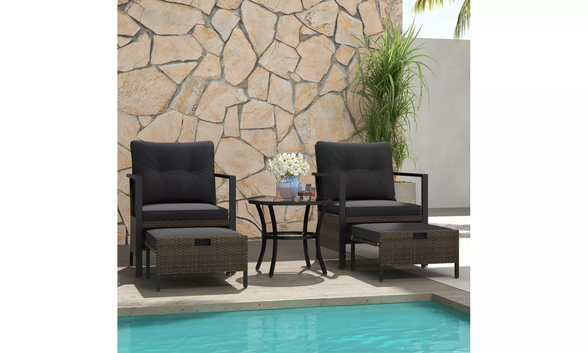 Costway 5 PCS Outdoor Furniture Set Rattan Chairs & Ottomans with Coffee Table