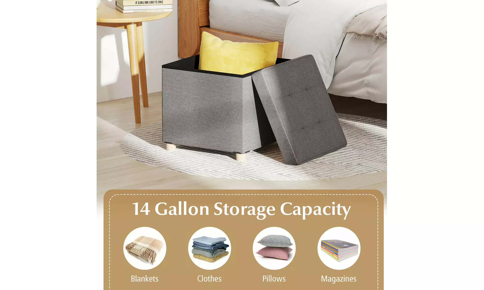 Costway 18 Inches Ottoman with Storage,Tray & Rubber Wood Legs for Small Space