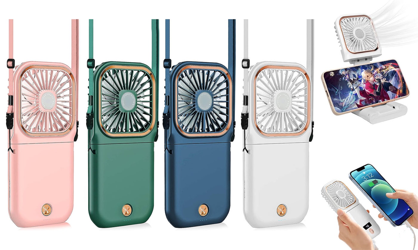 USB Foldable Personal Handheld Fan with Phone Bracket & Power Bank
