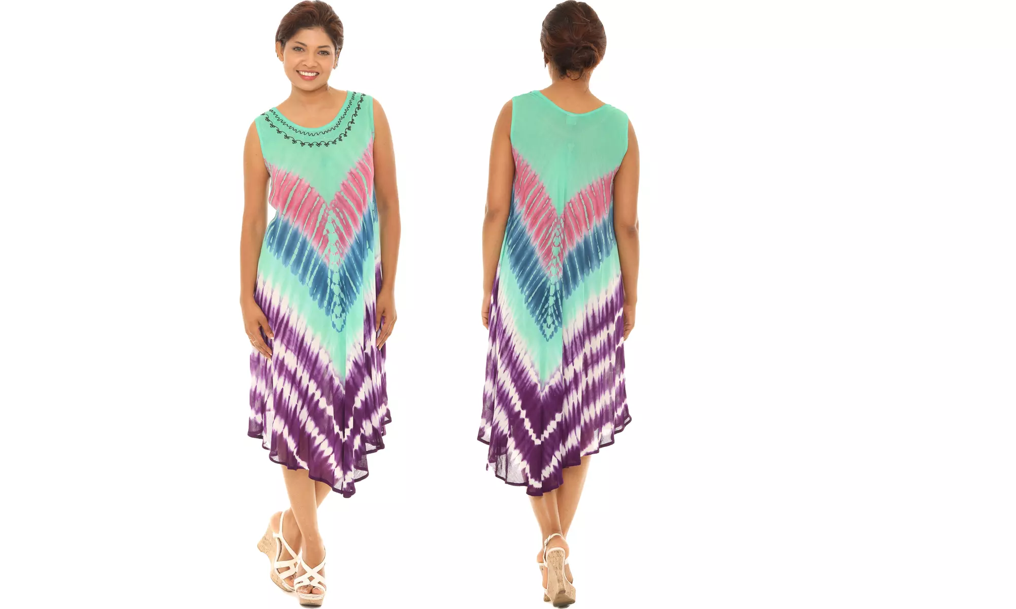Women's Chevron Stripe Tie Dye Tank Dresses With Embroidered Neckline