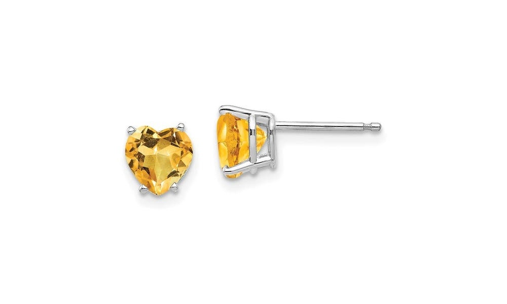 24k White Gold Plated 2 Cttw Citrine Heart Stud Earrings