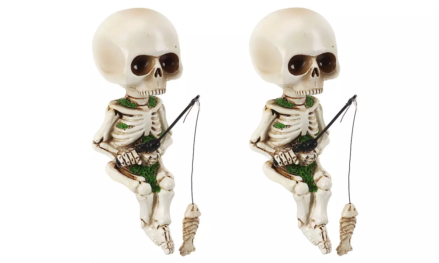 Skeleton Fishing Statue Garden Decor Halloween Art Courtyard Sculpture Resin