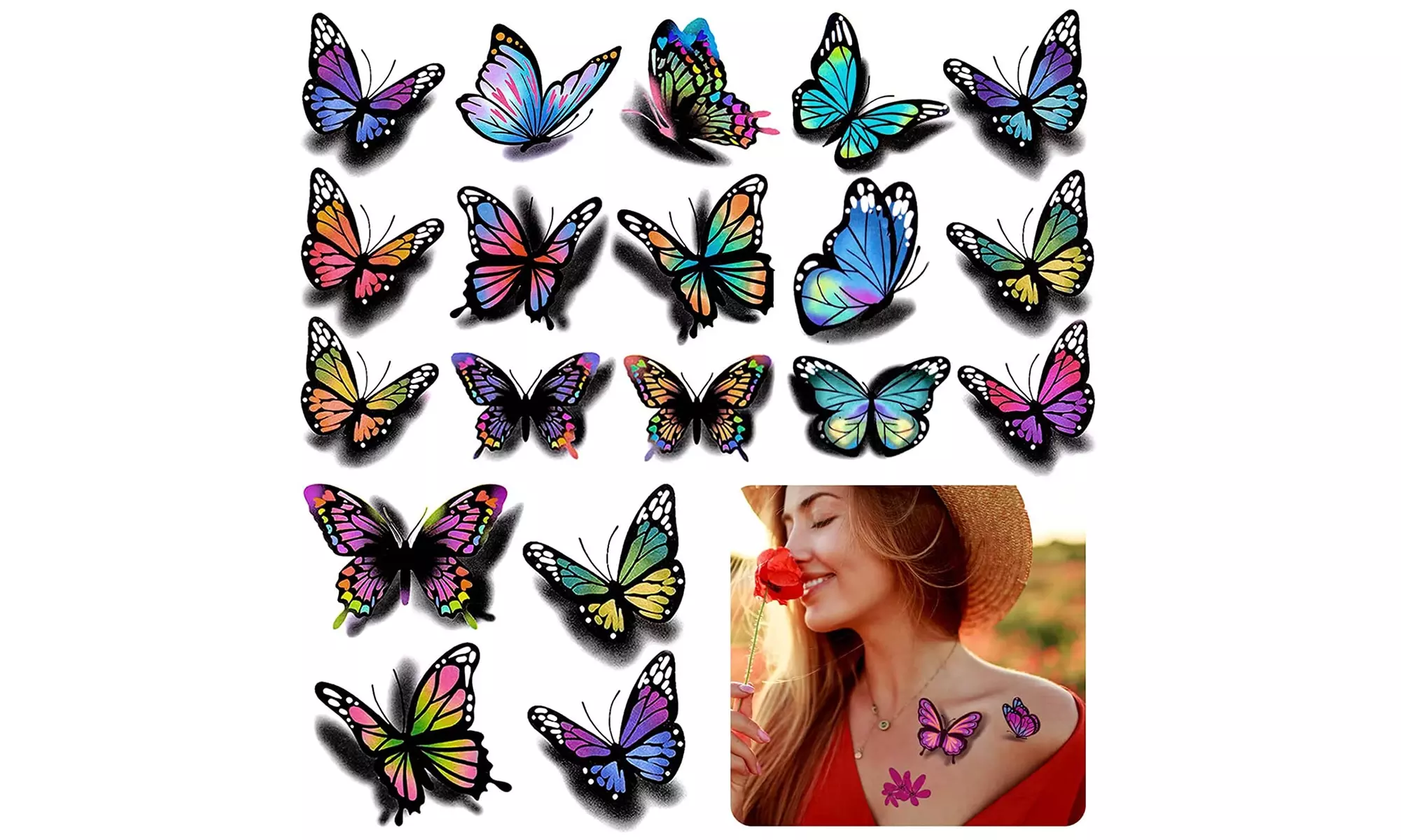 Butterfly Temporary Tattoo,3D Butterflies and Flowers Temporary Tattoos Sticker - Primary Image