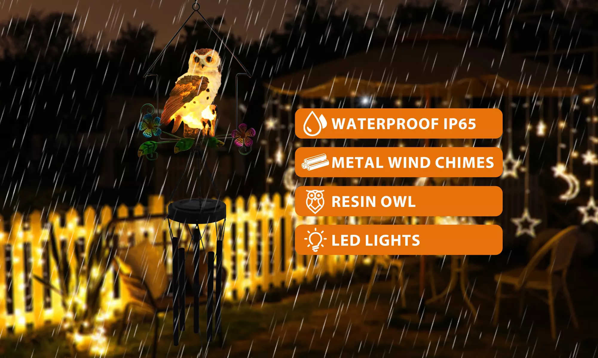 Solar Wind Chimes Outdoor Garden Waterproof Metal LED Hanging Chime Decor