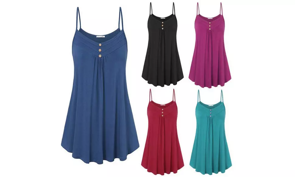 Women's Summer Tank Tops Button V Neck Pleated Strap Camisole   - Primary Image