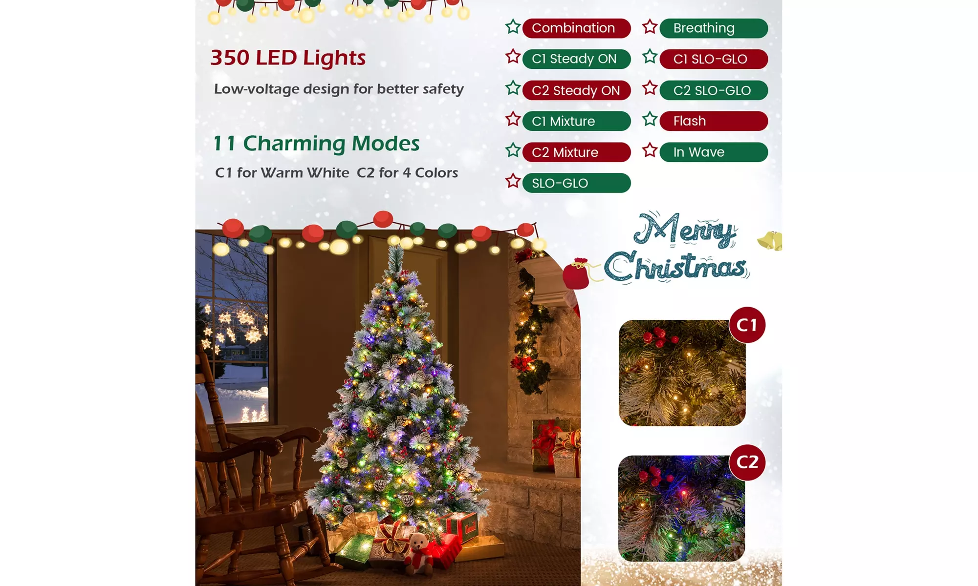 Costway 6 FT Pre-Lit Artificial Christmas Tree Hinged Pine Needles 350 LED Light
