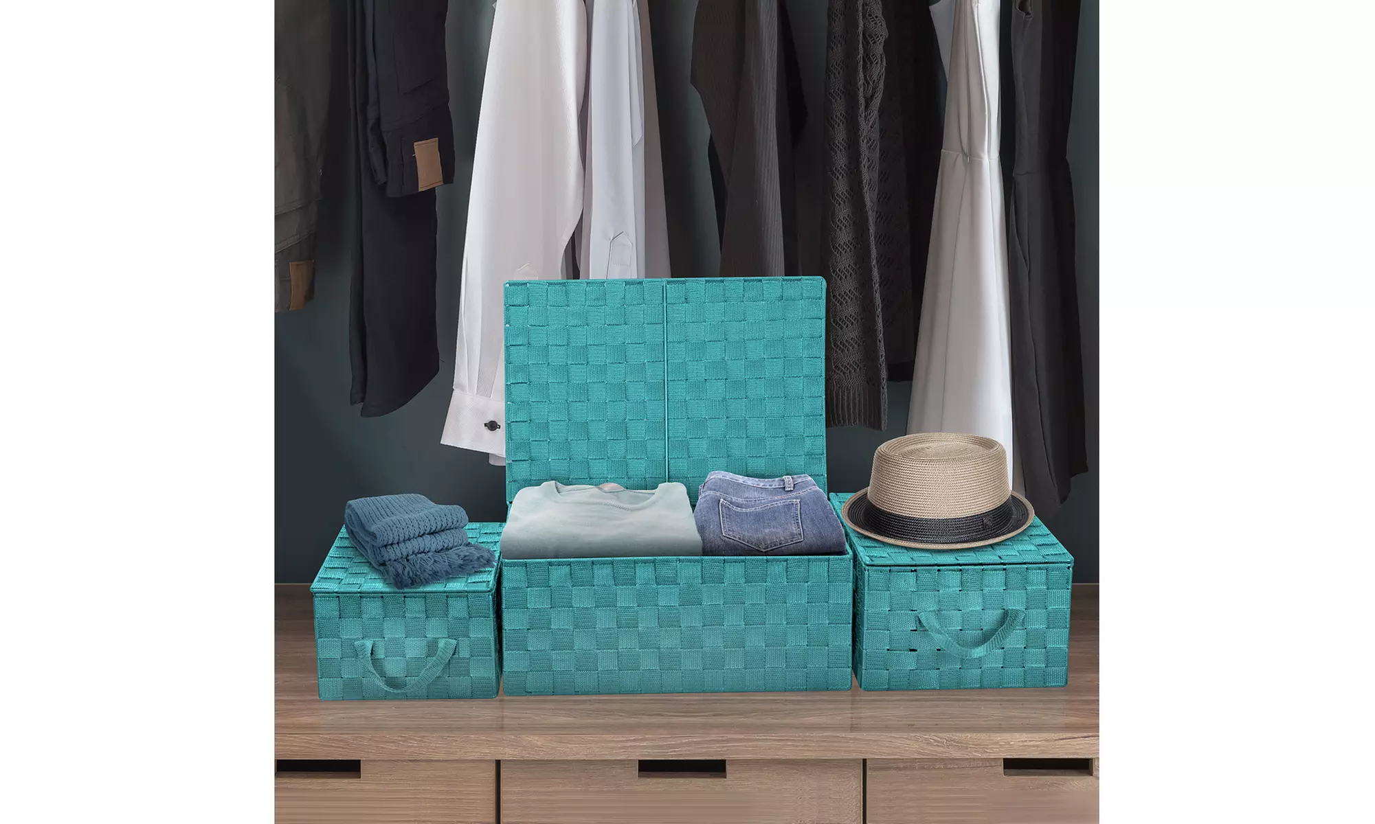 3-Pack Storage Box w/ Lid for Closet & Shelves - Woven Fabric Basket Organizer