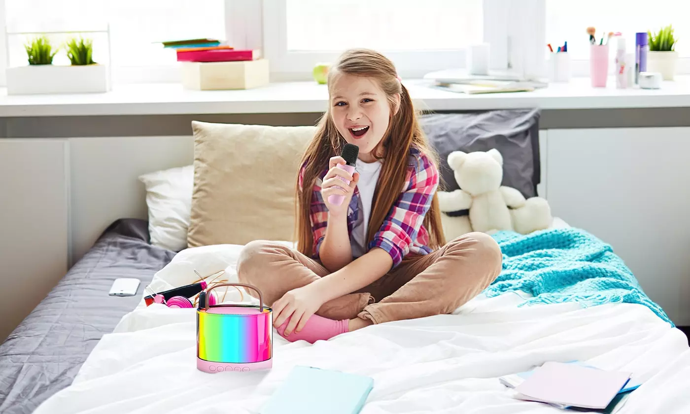 iMounTEK Mini Karaoke Machine with Two Wireless Mics, RGB Lights and Sounds