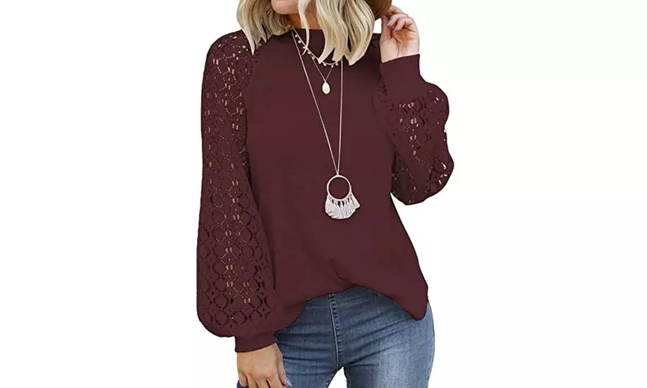 Women's Long Sleeve Tops Lace Casual Loose Blouses T Shirts - Second Medium