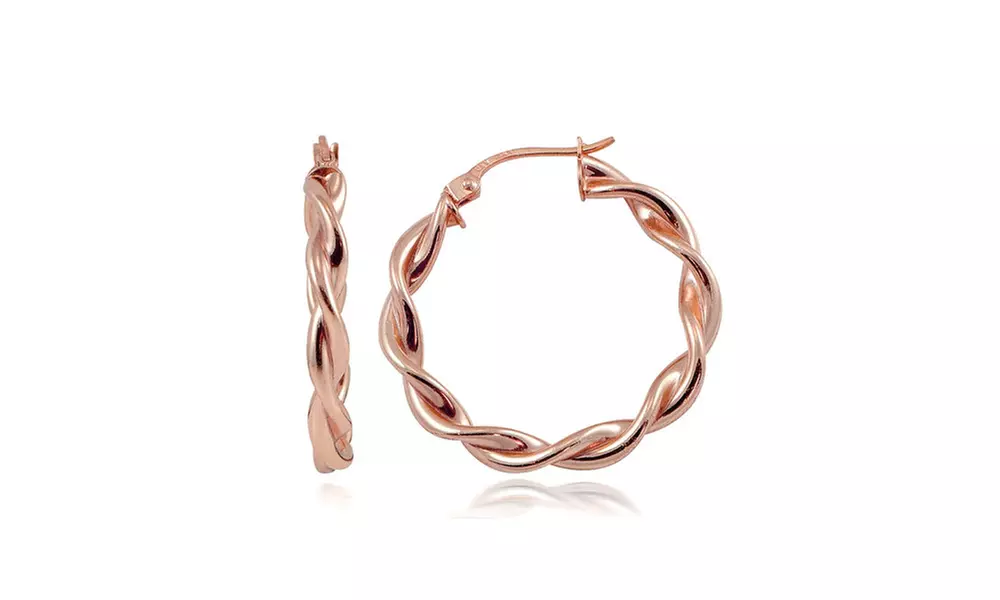 Rose Gold Flash Sterling Silver 3mm Twist  Polished Hoop Earrings, 20mm