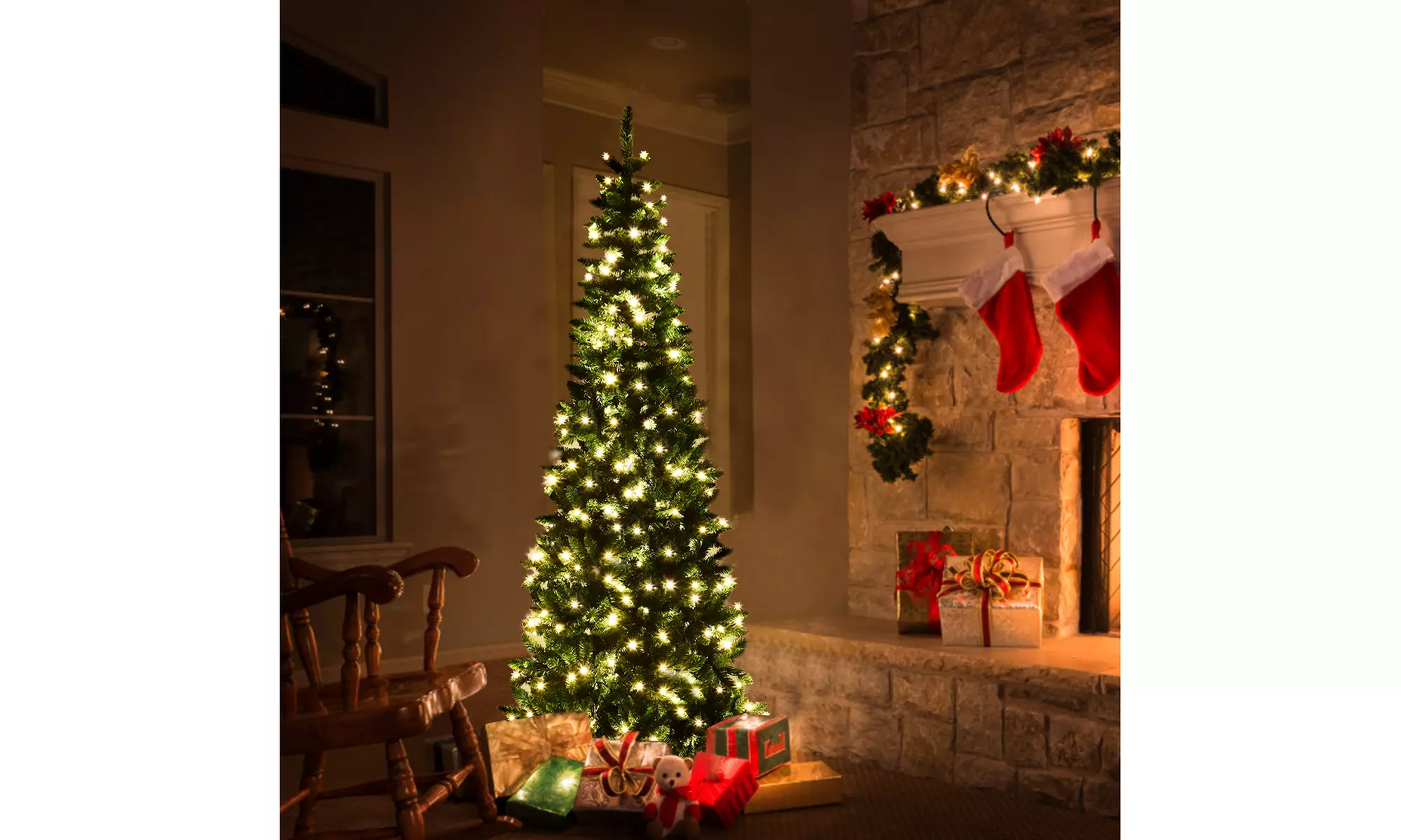 Costway 6.5ft Pre-Lit Hinged Artificial Pencil Christmas Tree with 250  Lights