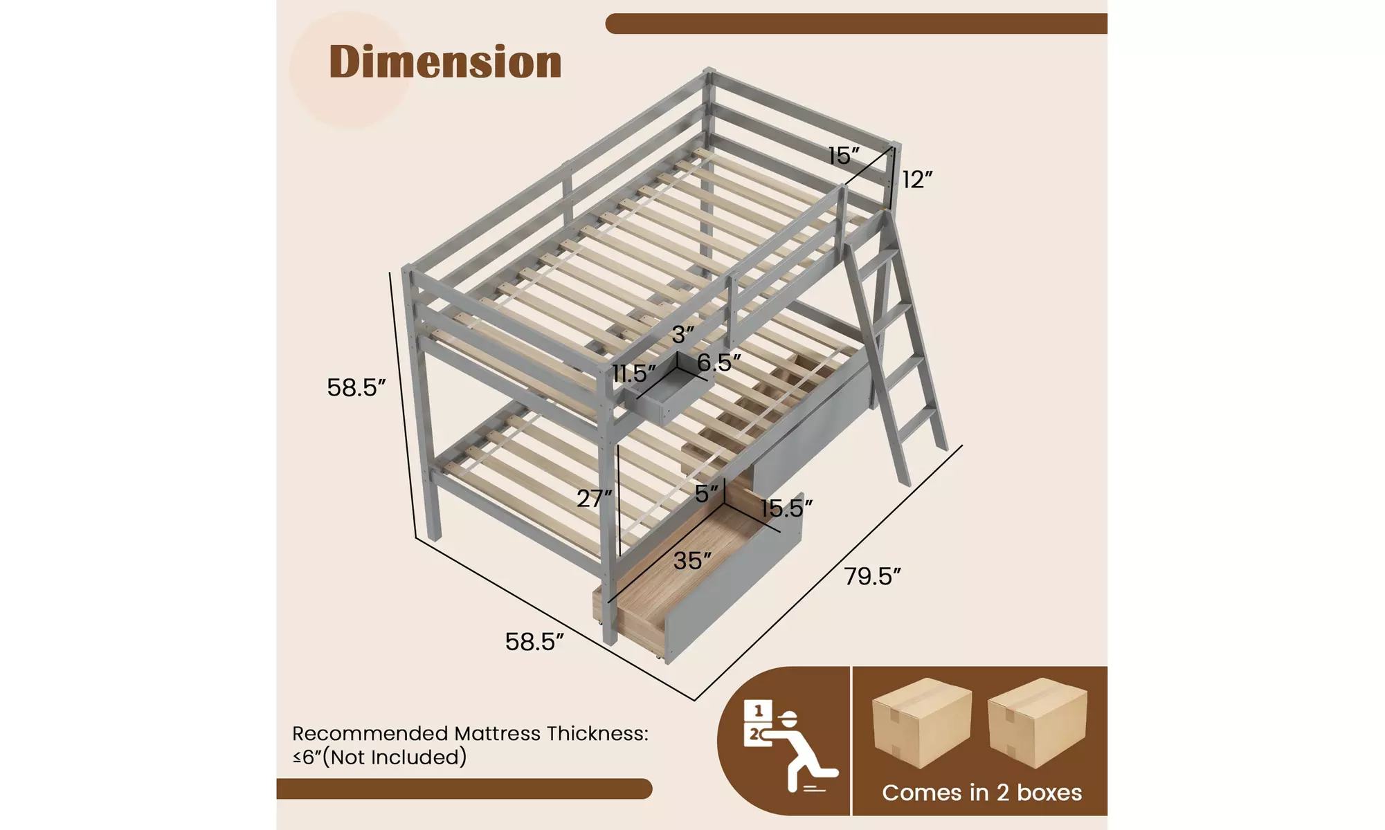 Costway Twin Over Twin Bunk Bed w/ 2 Storage Drawers Ladder No Box Spring Needed